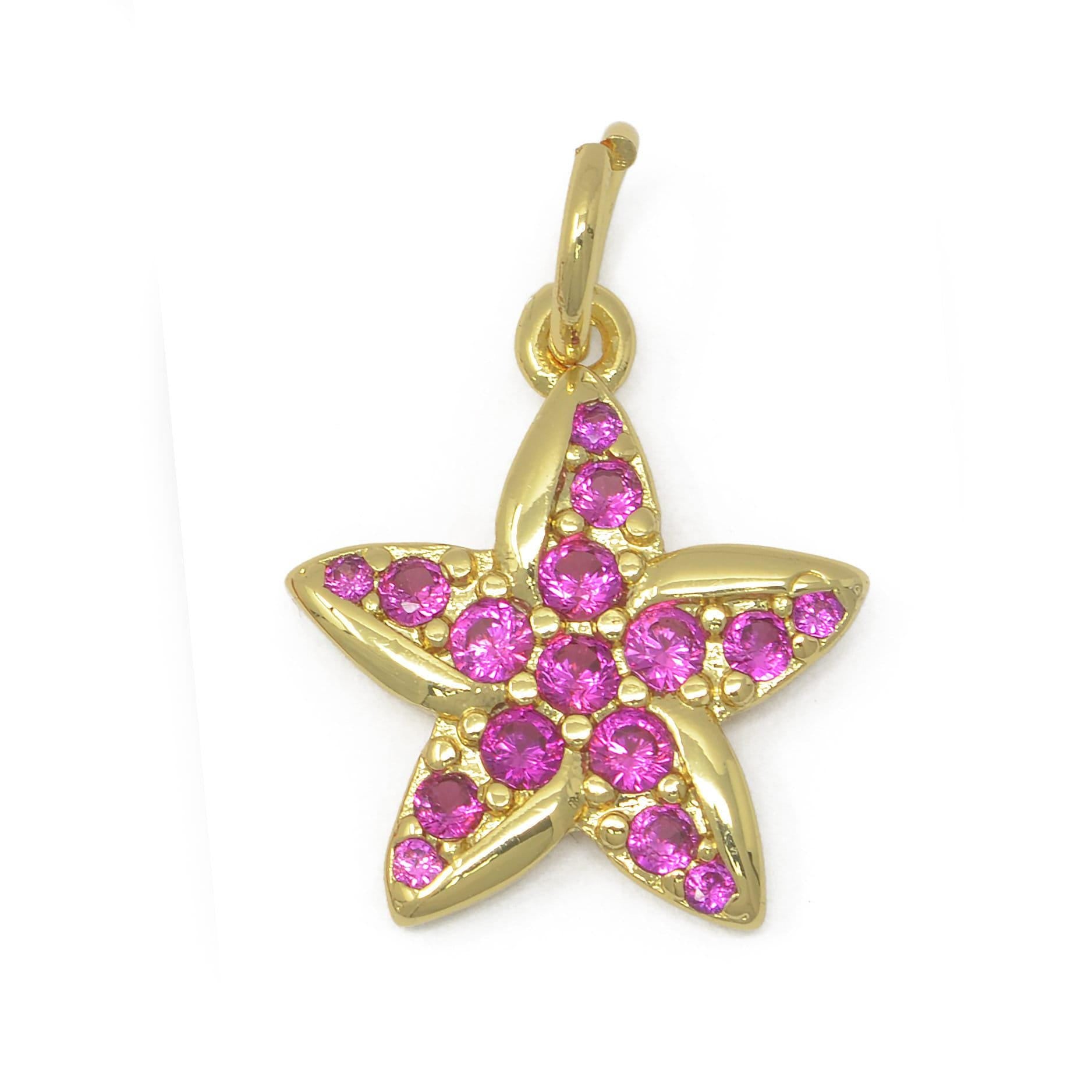 26k gold filled pink flower pendant hot pink star micro paved cz charm | m483