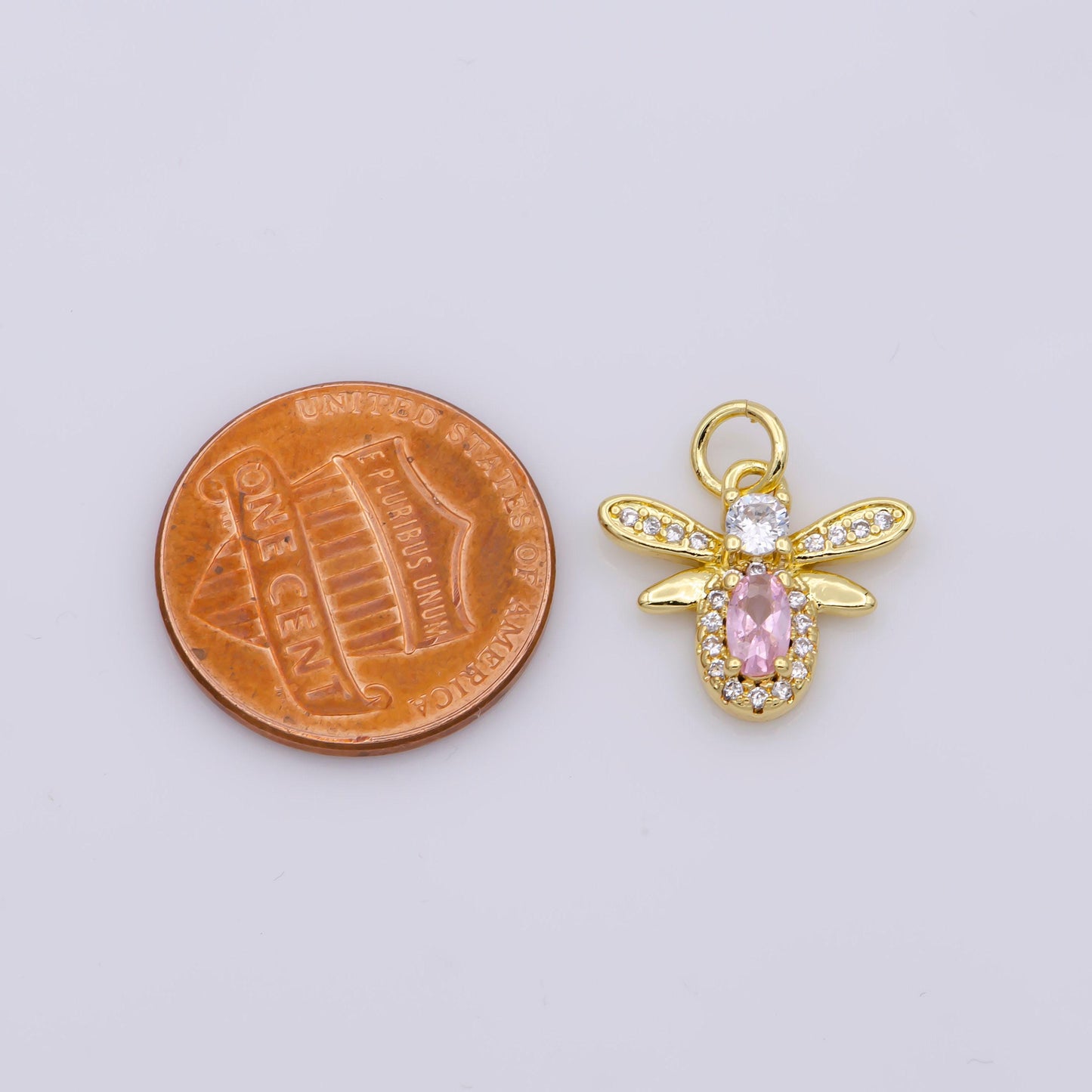 1x mini bee charm 14k gold filled pink yellow micro pave cz bee pendant charm, insect bug pendant charm queen bee