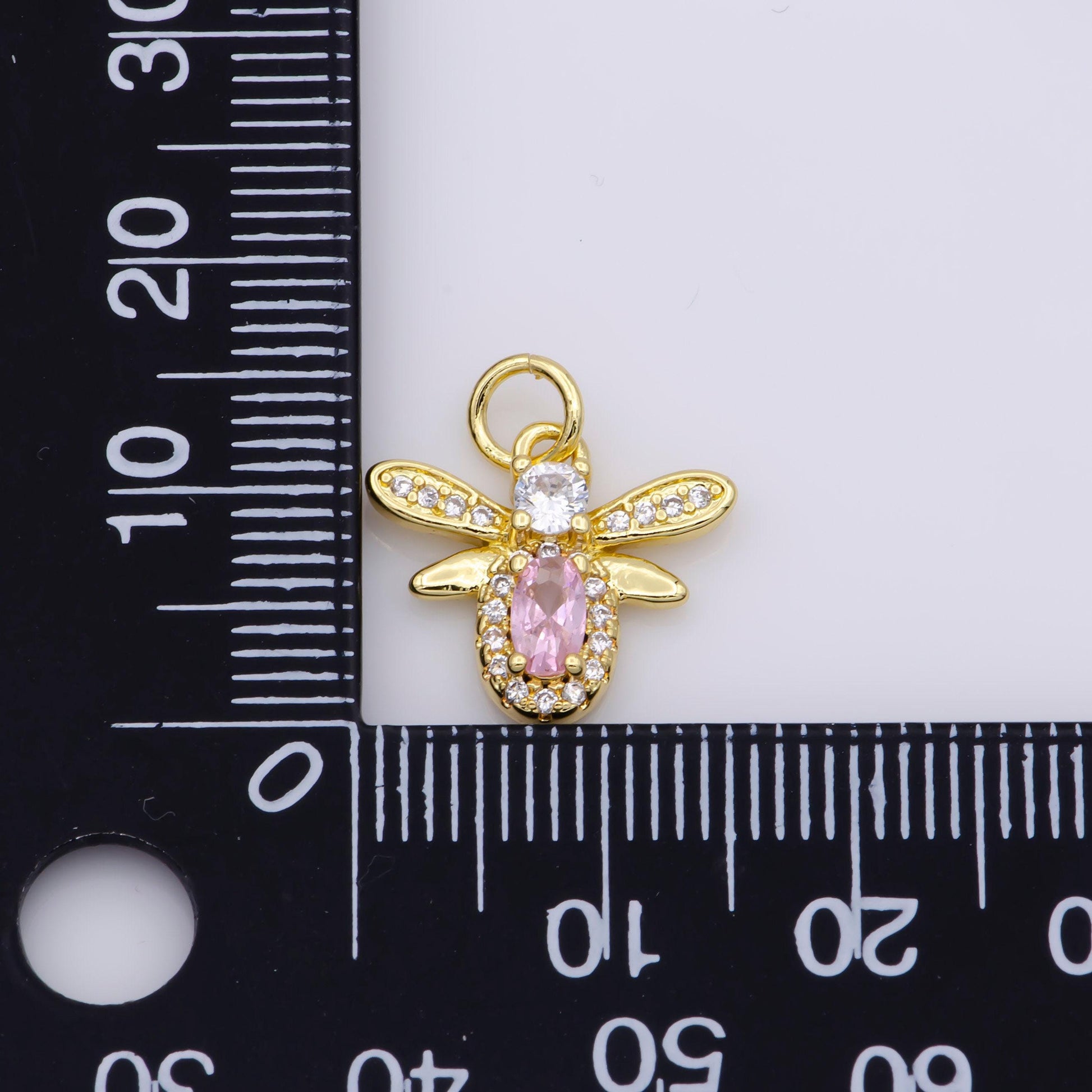 1x mini bee charm 14k gold filled pink yellow micro pave cz bee pendant charm, insect bug pendant charm queen bee