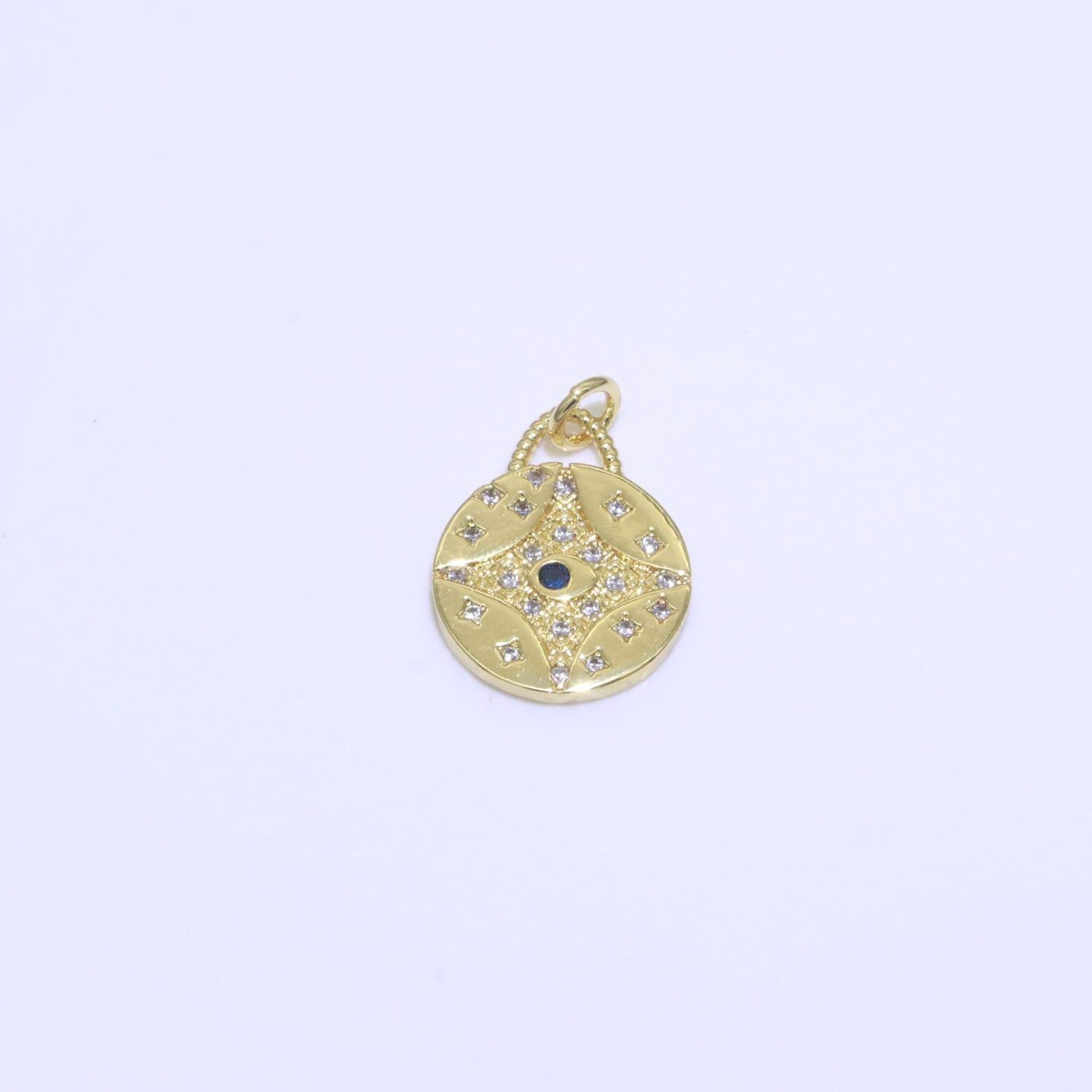Cz micro pave star evil eye star on coin round shape pendant charm micro pave dainty gold charm for necklace bracelet earring supply