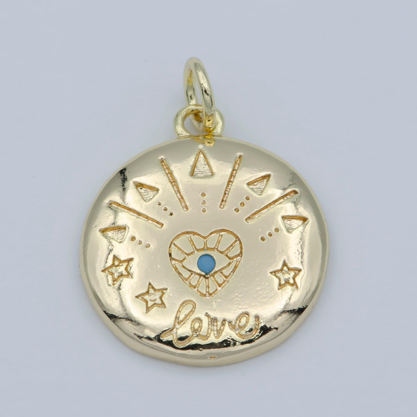 14k gold filled heart charm - love amulet medallion - coin disc charm - blue evil eye pendant for necklace bracelet earring charm
