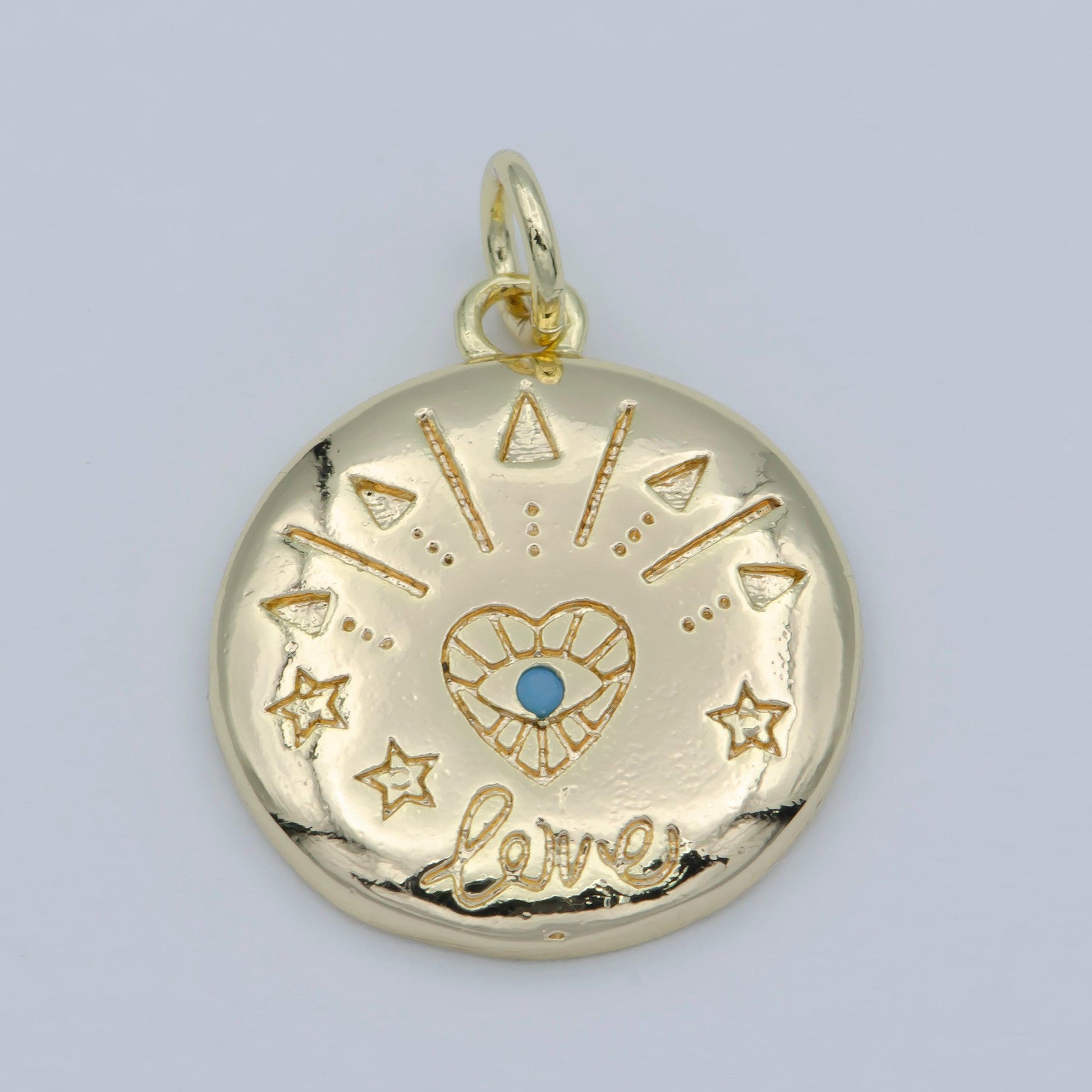 14k gold filled heart charm - love amulet medallion - coin disc charm - blue evil eye pendant for necklace bracelet earring charm