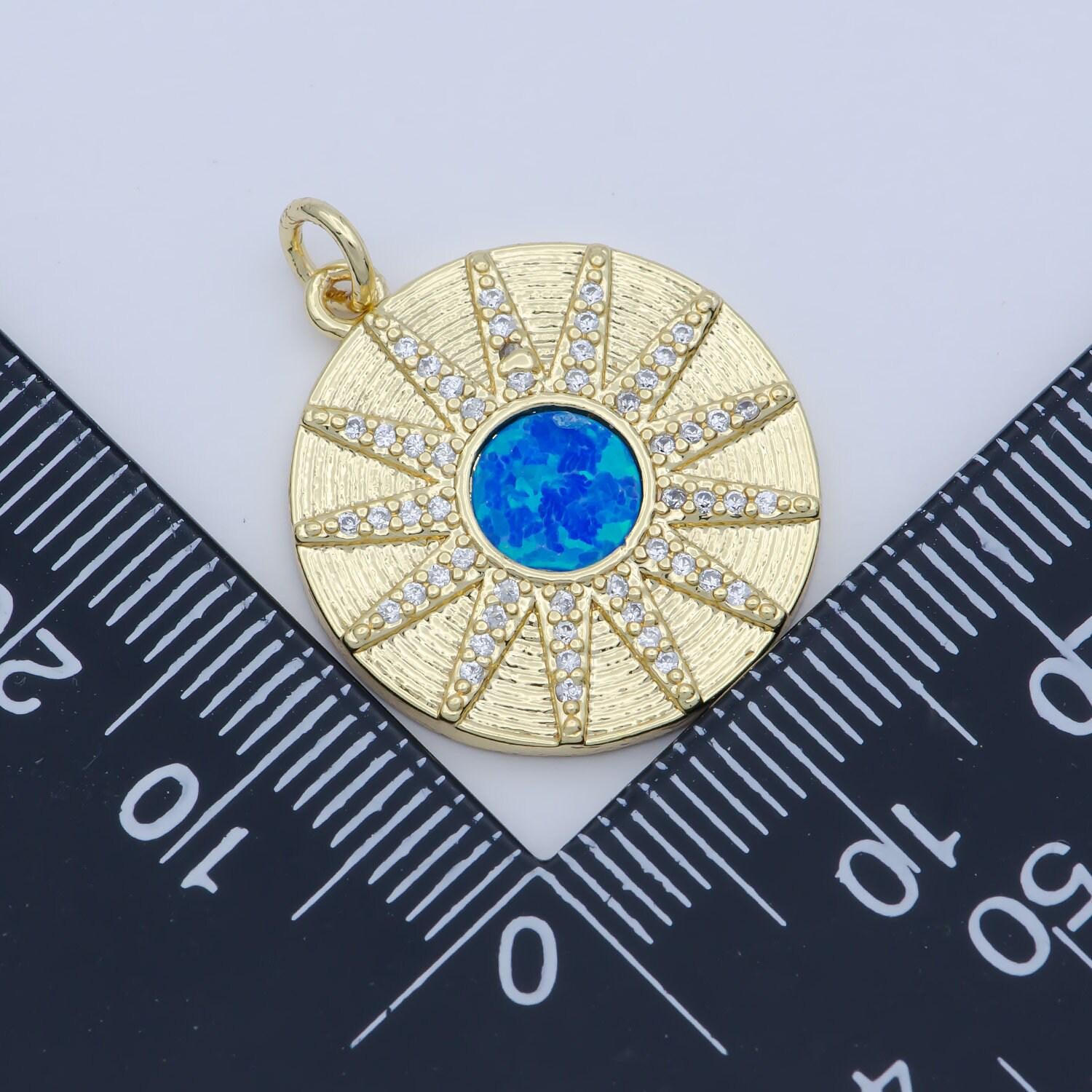 Dainty sunburst 14k gold filled vergina sun charm blue opal round medallion pendant micro pave gold sun celestial jewelry m-354