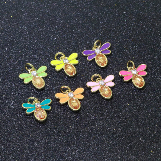 Mini enamel bee charm with cubic zirconia stone queen bee charm for bracelet necklace earring supply