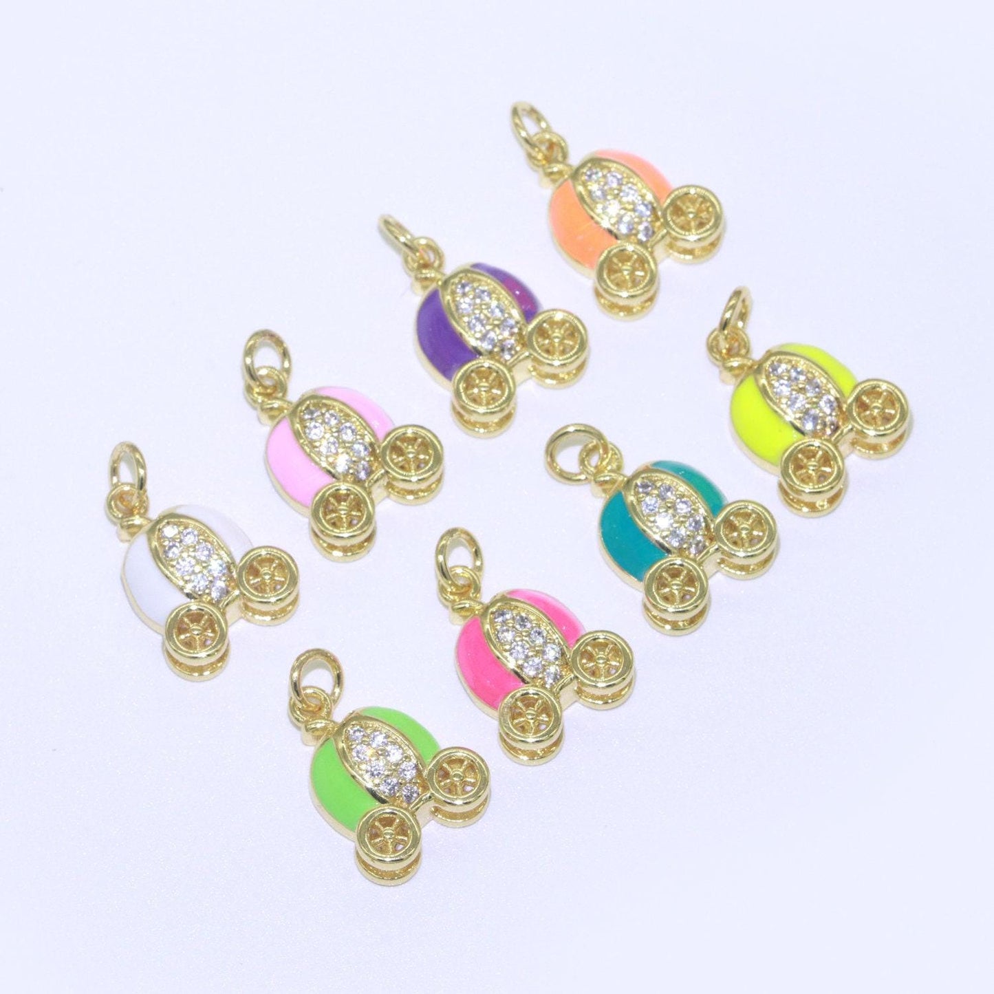 Dainty enamel carriage charm cinderella carriage charm, pumpkin necklace pendant for kids jewelry inspired pink green orange purple charm