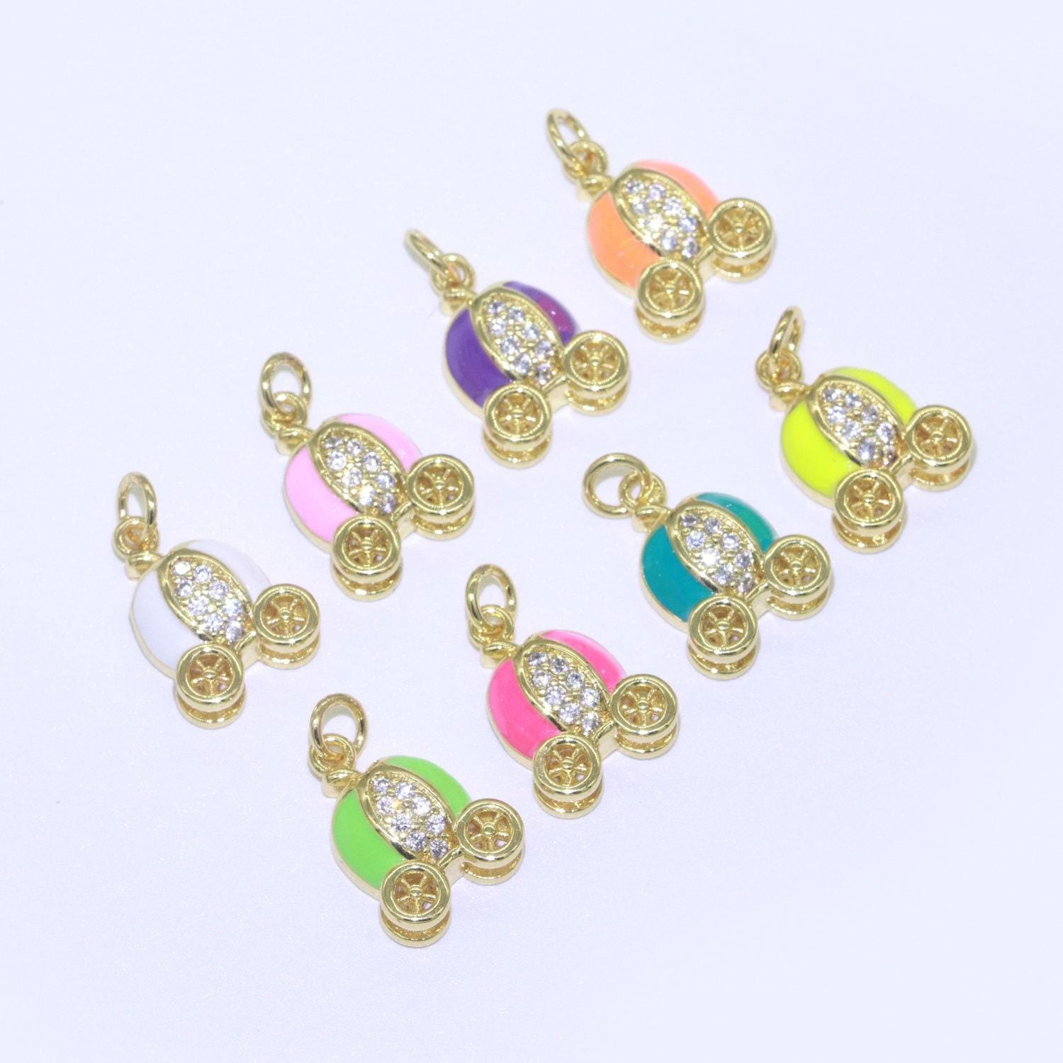 Dainty enamel carriage charm cinderella carriage charm, pumpkin necklace pendant for kids jewelry inspired pink green orange purple charm