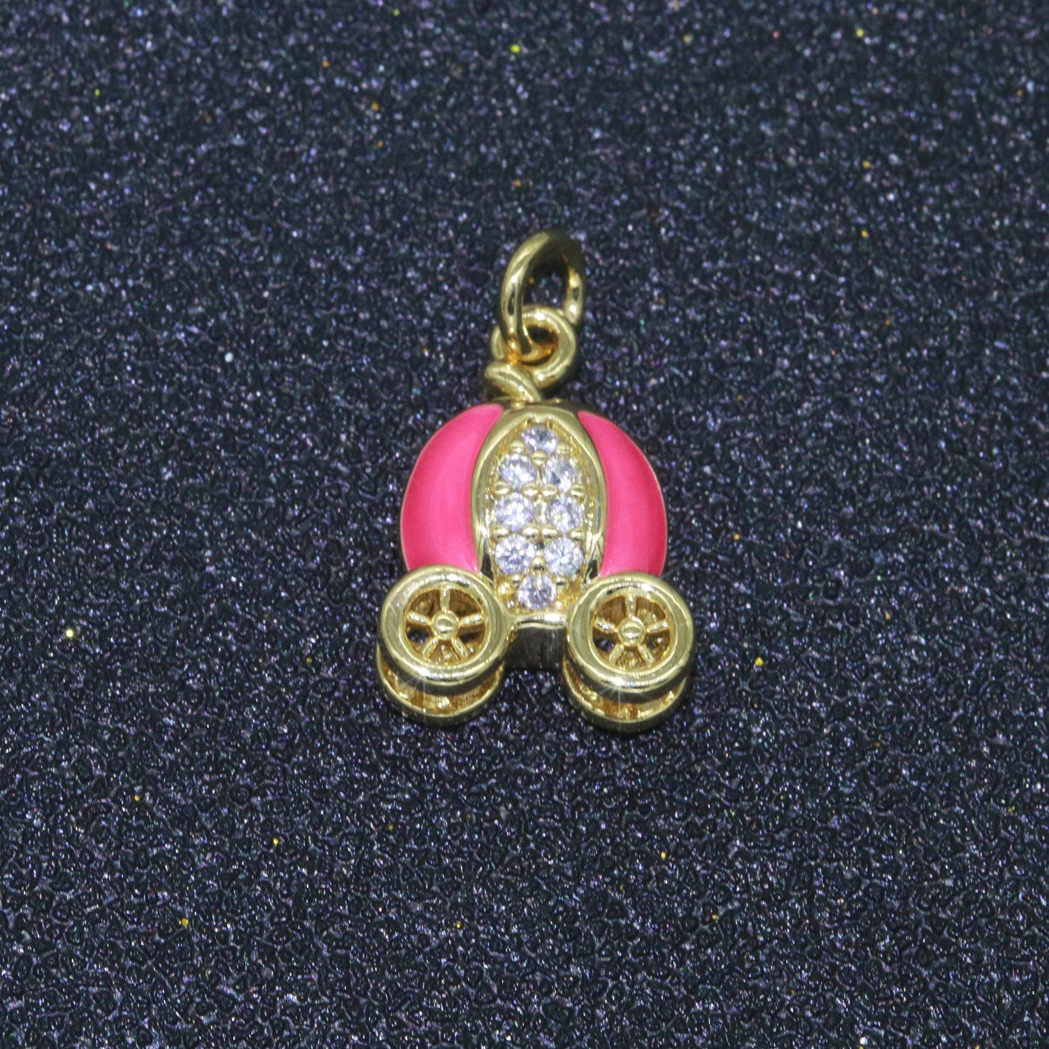 Dainty enamel carriage charm cinderella carriage charm, pumpkin necklace pendant for kids jewelry inspired pink green orange purple charm