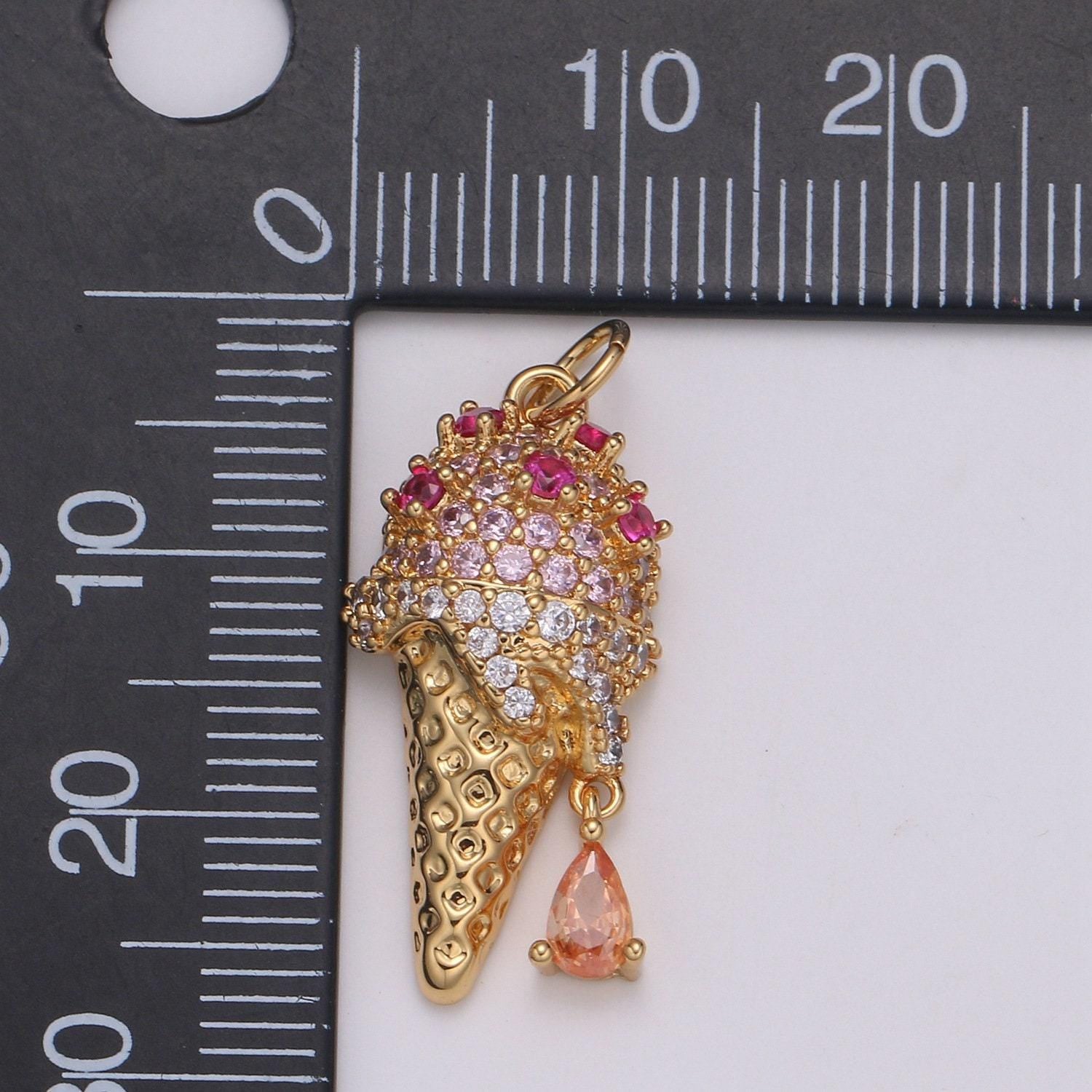 1pc 24k gold micro pave cz ice cream pendant charm, dangling pear cut cz pendant charm,cubic cone charm, for diy jewelry making,m-338
