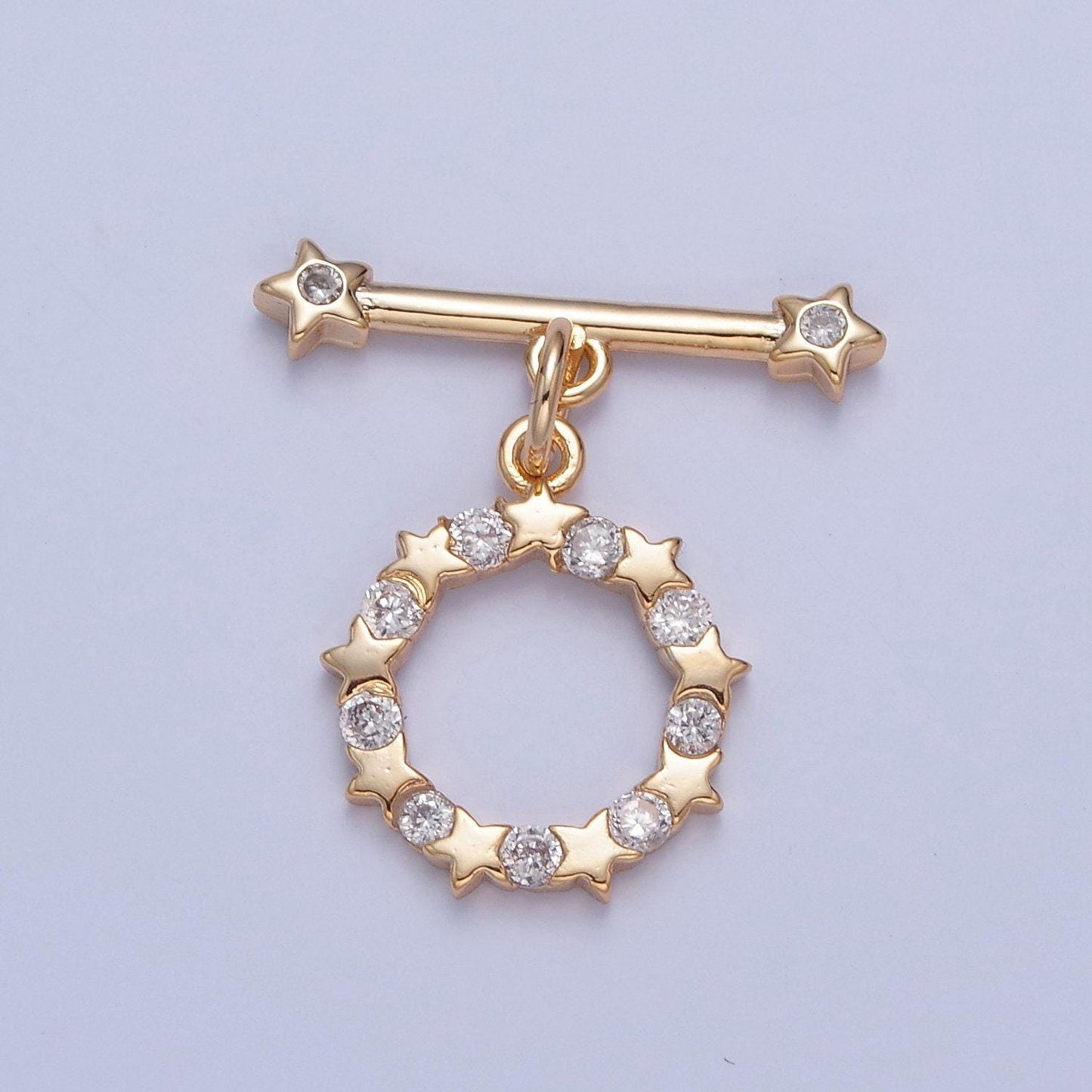 Gold round mini stars micro pave cubic zirconia cz stones toggle clasp, bracelet necklace jewelry clasps, 24k gold filled ot clasp | l-761