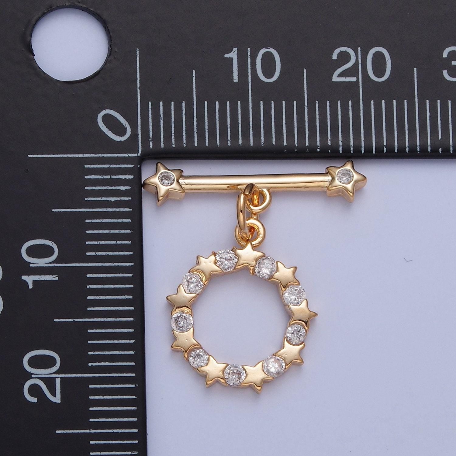 Gold round mini stars micro pave cubic zirconia cz stones toggle clasp, bracelet necklace jewelry clasps, 24k gold filled ot clasp | l-761