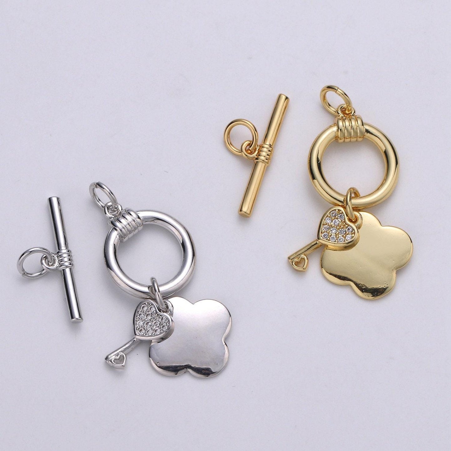 1 set 12.8mm 24k gold toggle clasp with shamrock & cz pave key charm, supp-1005, 1006