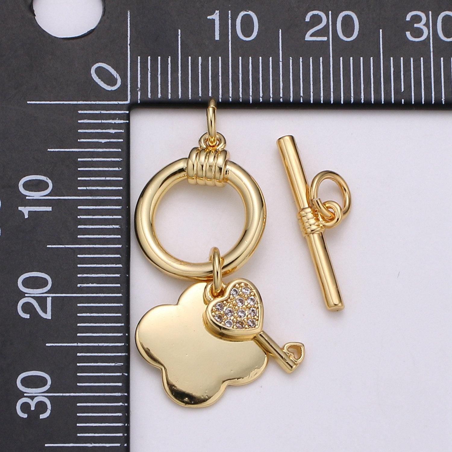 1 set 12.8mm 24k gold toggle clasp with shamrock & cz pave key charm, supp-1005, 1006