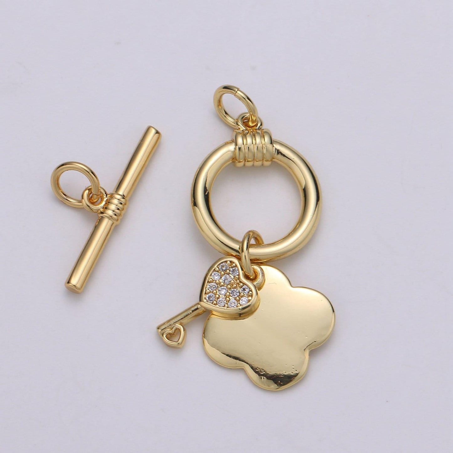 1 set 12.8mm 24k gold toggle clasp with shamrock & cz pave key charm, supp-1005, 1006