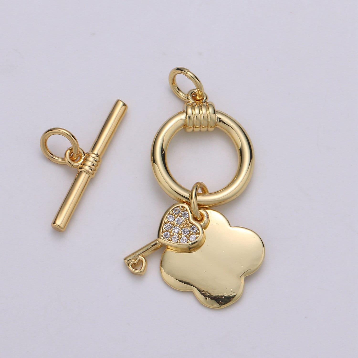 1 set 12.8mm 24k gold toggle clasp with shamrock & cz pave key charm, supp-1005, 1006