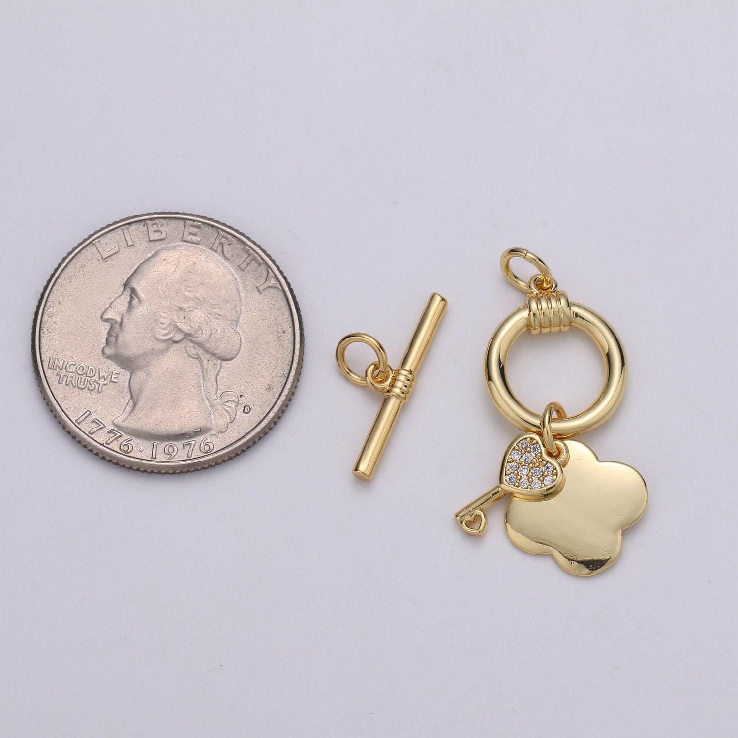 1 set 12.8mm 24k gold toggle clasp with shamrock & cz pave key charm, supp-1005, 1006