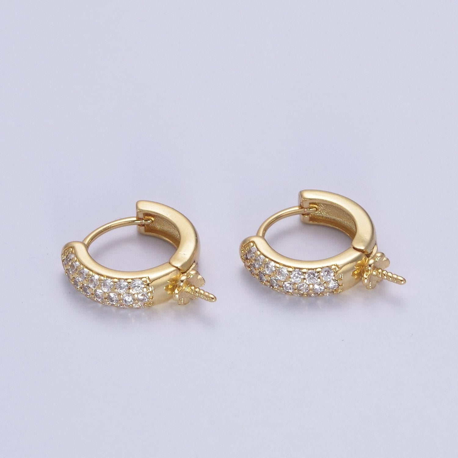 Gold lever back hoop earring pendant setting w/cubic zirconia for half drilled pearls,pearl peg diy pearl setting,pearl pendant mounts l-681