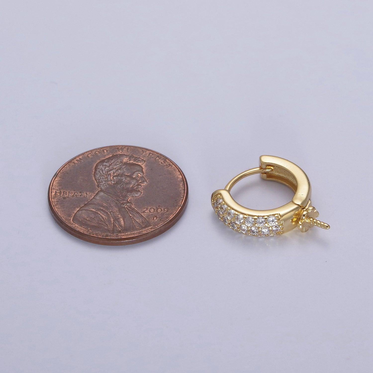 Gold lever back hoop earring pendant setting w/cubic zirconia for half drilled pearls,pearl peg diy pearl setting,pearl pendant mounts l-681