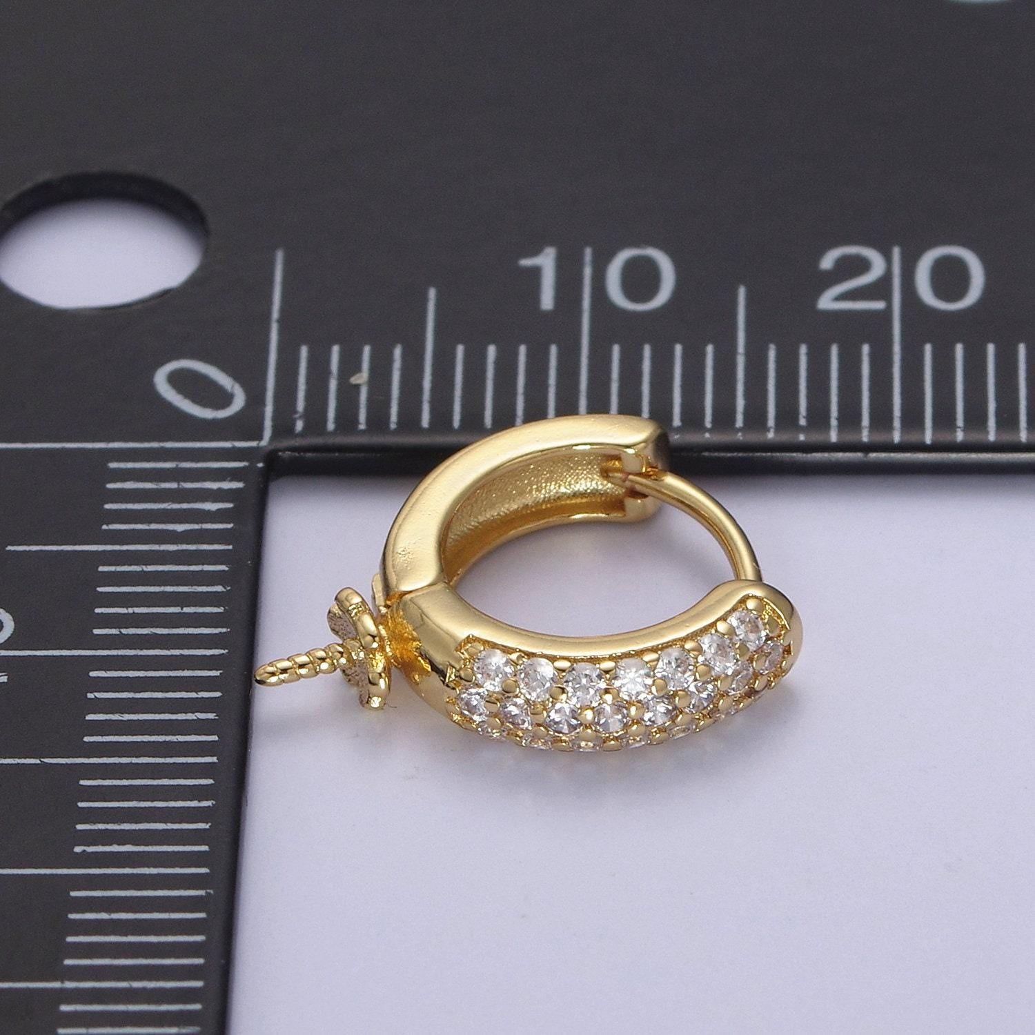 Gold lever back hoop earring pendant setting w/cubic zirconia for half drilled pearls,pearl peg diy pearl setting,pearl pendant mounts l-681