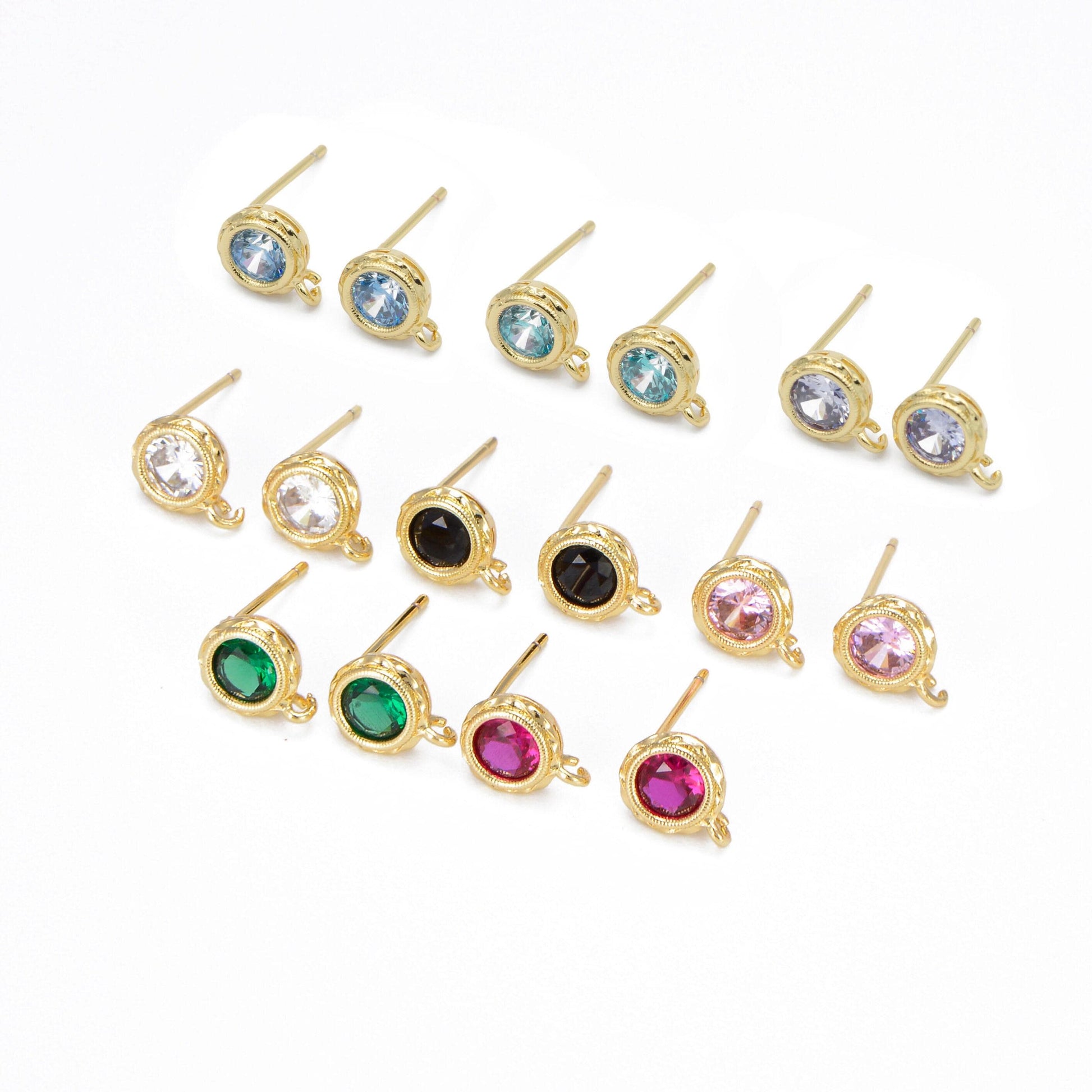 Tiny cz cubic earring post w/ open link, nickel free, 15x7.6mm, 14k gold plated brass, cz, earring making post 1 pair l269