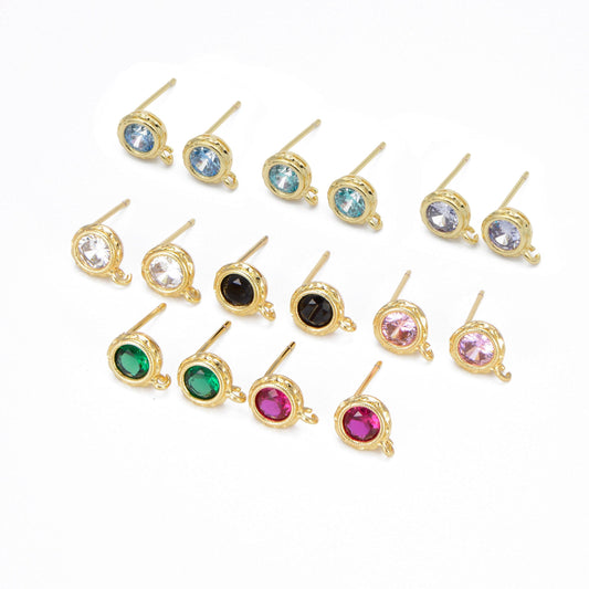Tiny cz cubic earring post w/ open link, nickel free, 15x7.6mm, 14k gold plated brass, cz, earring making post 1 pair l269
