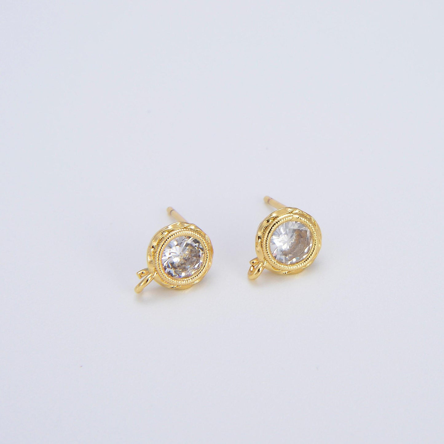 Tiny cz cubic earring post w/ open link, nickel free, 15x7.6mm, 14k gold plated brass, cz, earring making post 1 pair l269