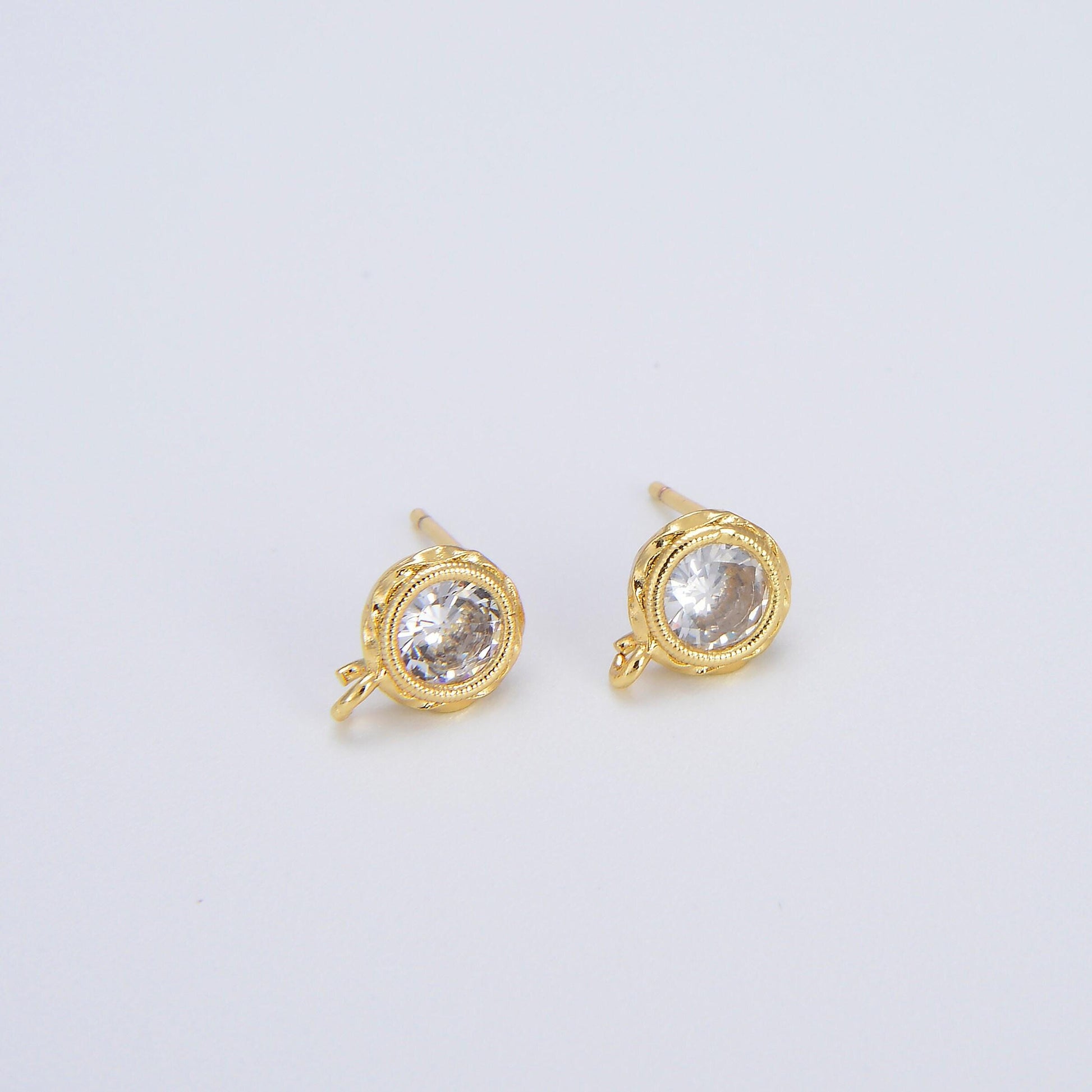 Tiny cz cubic earring post w/ open link, nickel free, 15x7.6mm, 14k gold plated brass, cz, earring making post 1 pair l269