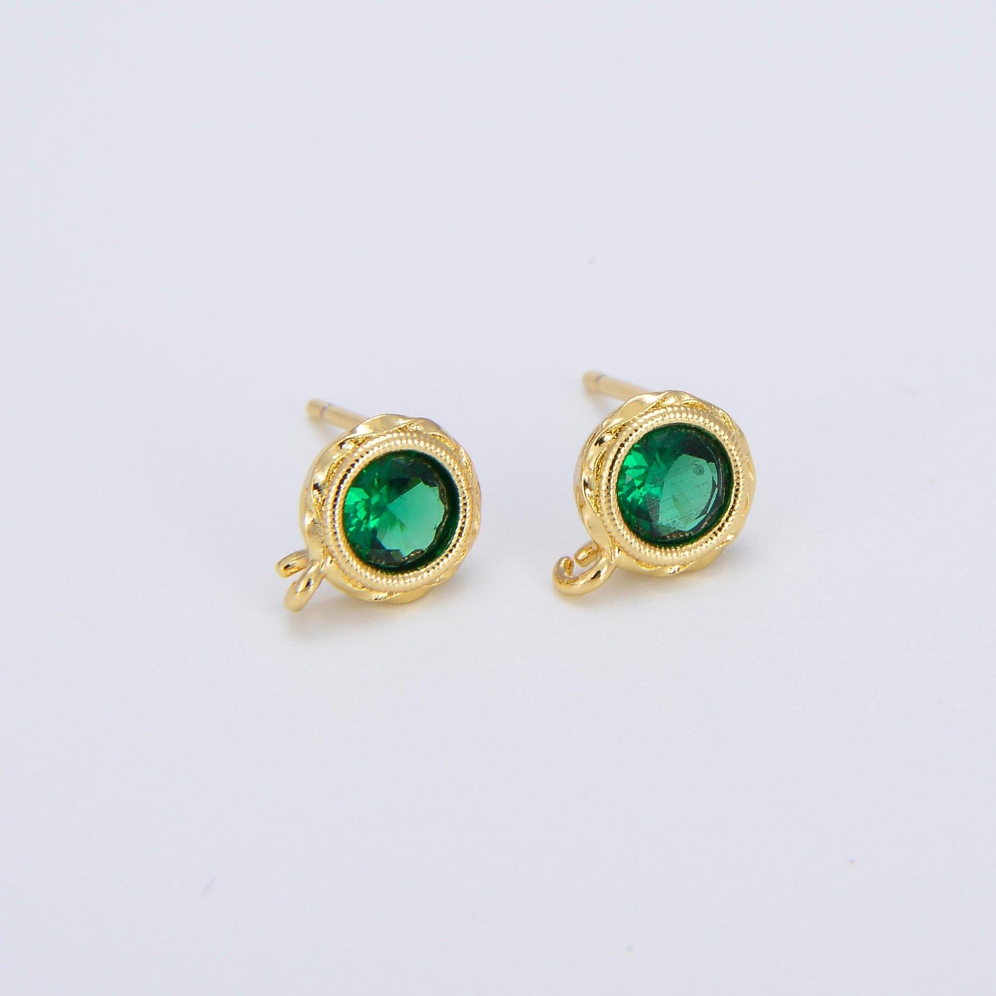 Tiny cz cubic earring post w/ open link, nickel free, 15x7.6mm, 14k gold plated brass, cz, earring making post 1 pair l269