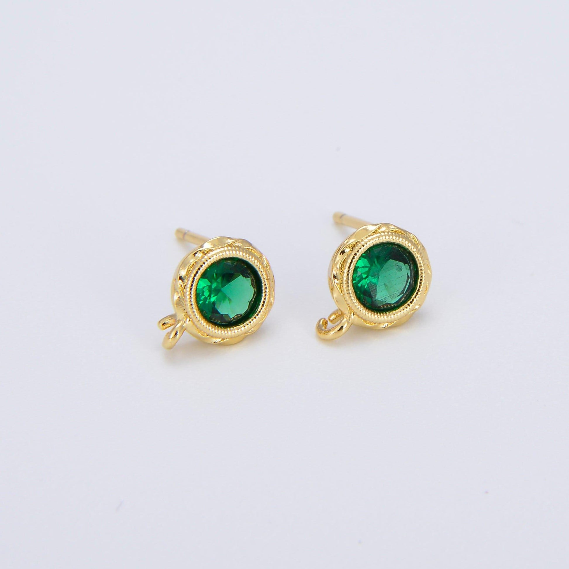 Tiny cz cubic earring post w/ open link, nickel free, 15x7.6mm, 14k gold plated brass, cz, earring making post 1 pair l269