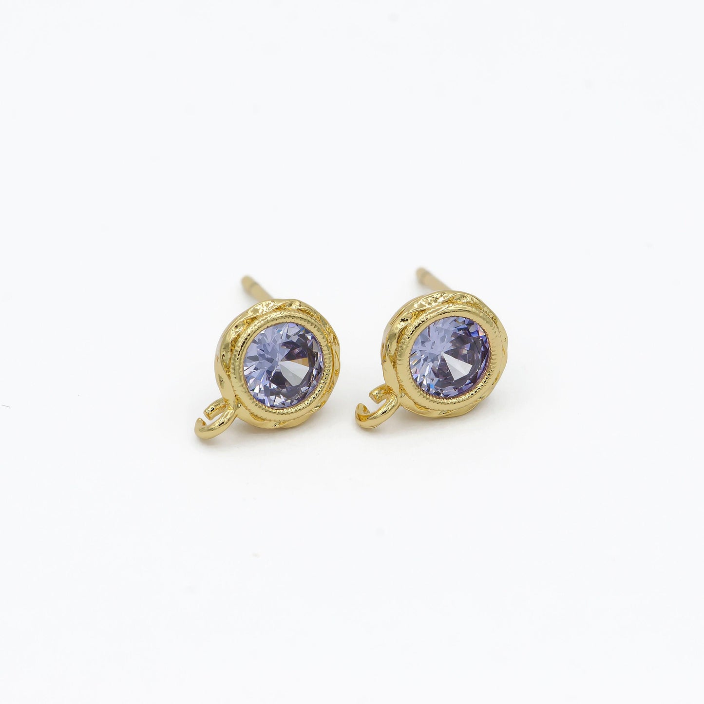 Tiny cz cubic earring post w/ open link, nickel free, 15x7.6mm, 14k gold plated brass, cz, earring making post 1 pair l269