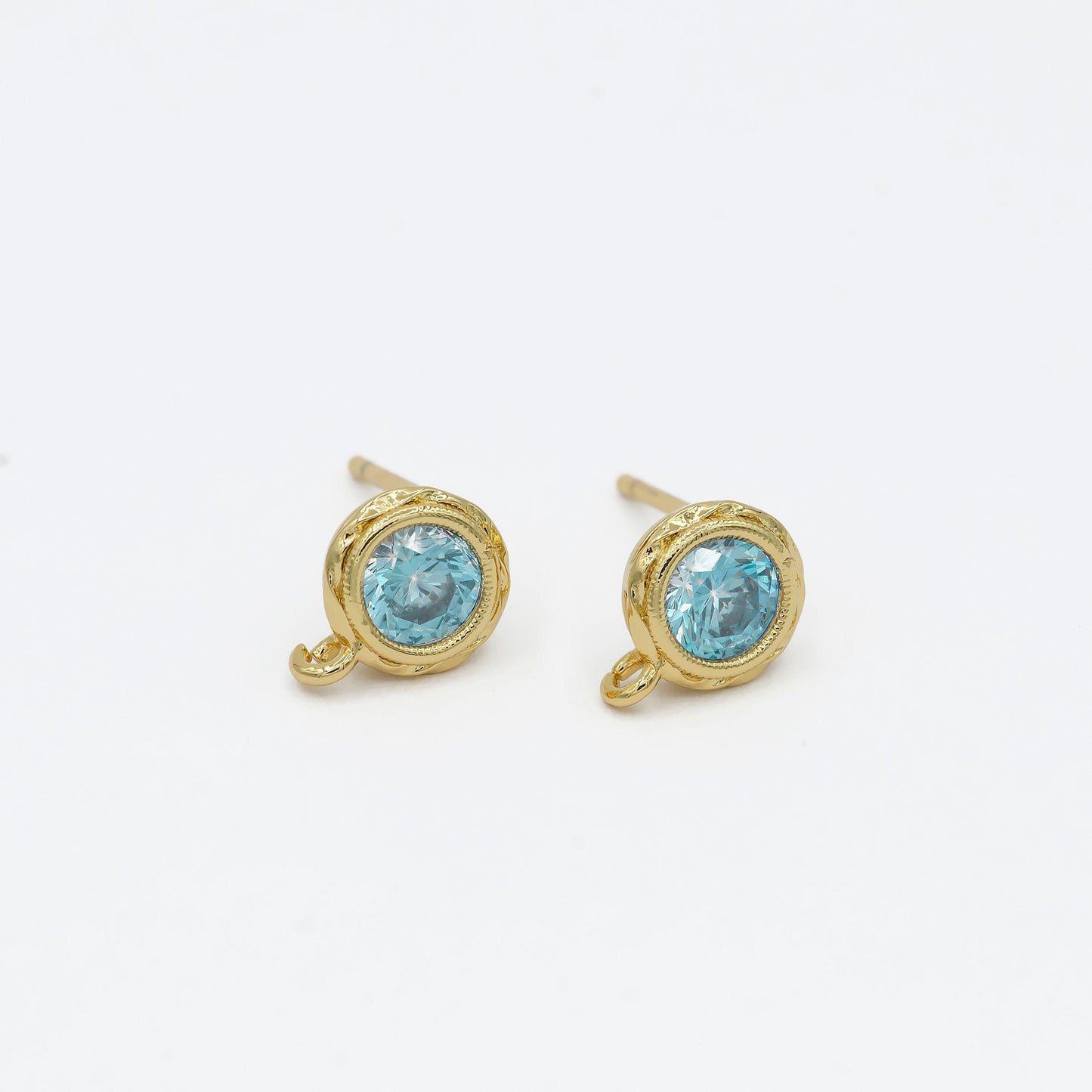 Tiny cz cubic earring post w/ open link, nickel free, 15x7.6mm, 14k gold plated brass, cz, earring making post 1 pair l269