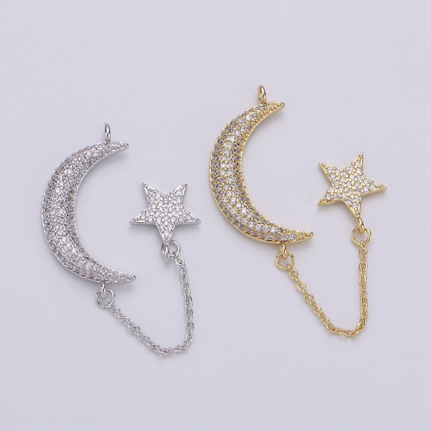 1pc. 24k gold lariat with moon and star charm,cz pave celestial rolo link lariat charm chain is 1.1mmx1.25 inches, supp-1048, 1049