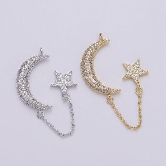 1pc. 24k gold lariat with moon and star charm,cz pave celestial rolo link lariat charm chain is 1.1mmx1.25 inches, supp-1048, 1049