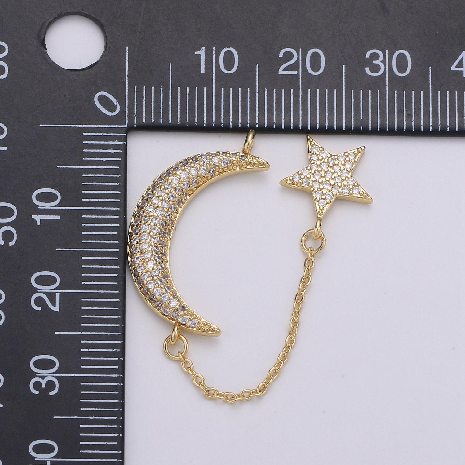 1pc. 24k gold lariat with moon and star charm,cz pave celestial rolo link lariat charm chain is 1.1mmx1.25 inches, supp-1048, 1049