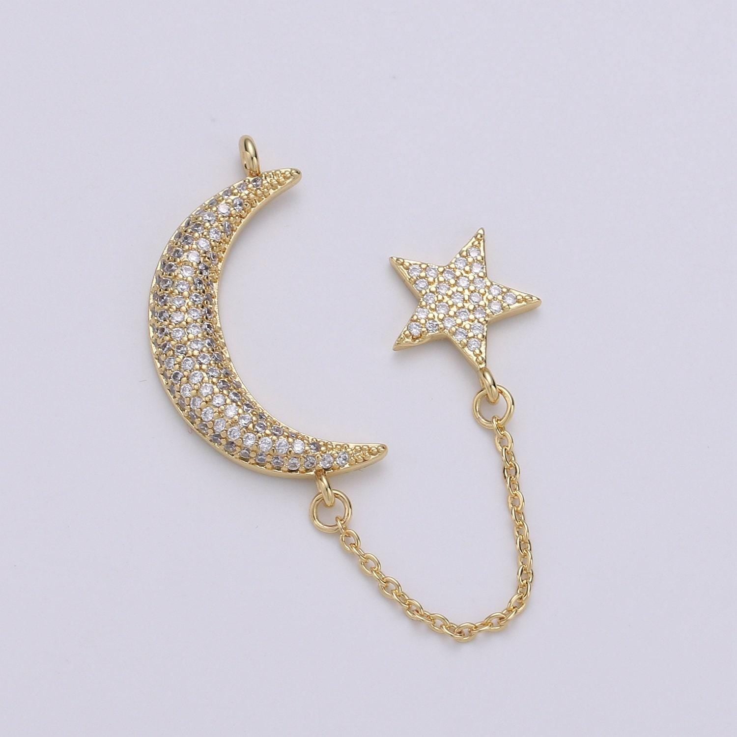 1pc. 24k gold lariat with moon and star charm,cz pave celestial rolo link lariat charm chain is 1.1mmx1.25 inches, supp-1048, 1049