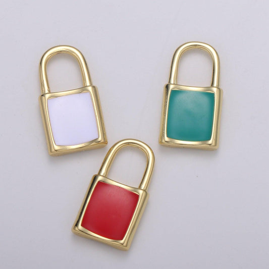 1 pc gold dainty padlock charm colorful enamel lock charm for necklace bracelet jewelry making green, white, red supp 1125