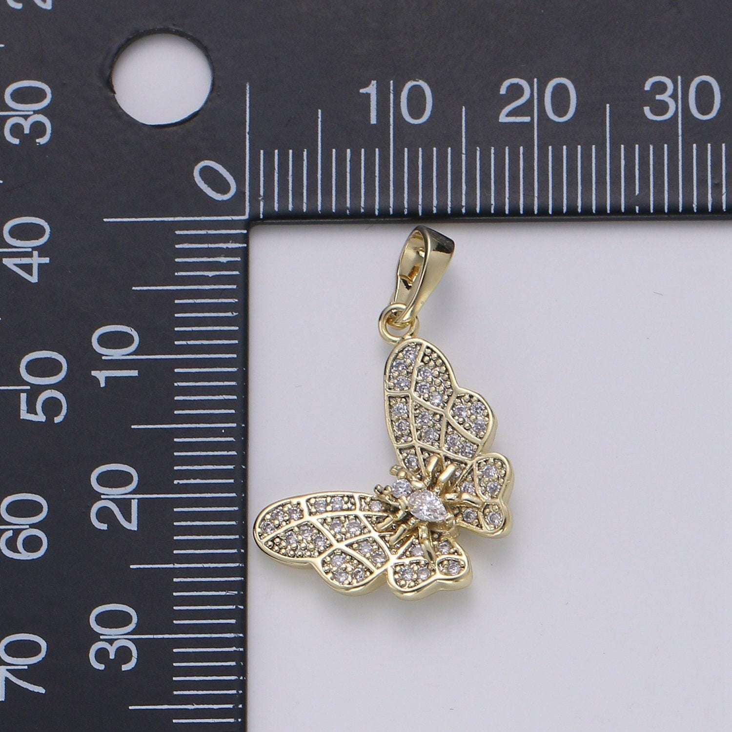 14k gold micro pave butterfly charm cubic zirconia mariposa pendant charm pear cut cz moth charm, pdgf-1968