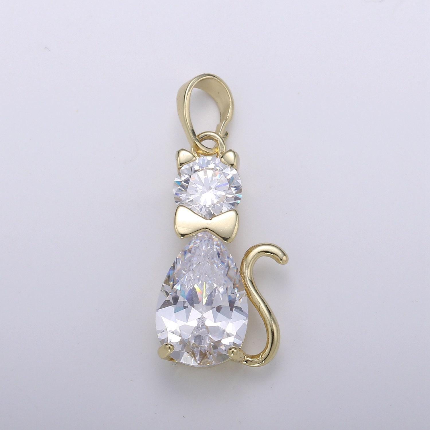 Kiddy cat 14k gold pendant,pear cut cz pendant,tuxedo bow paved charm, solitaire pendant, kitten charm, animal lover charm, pdgf-1967