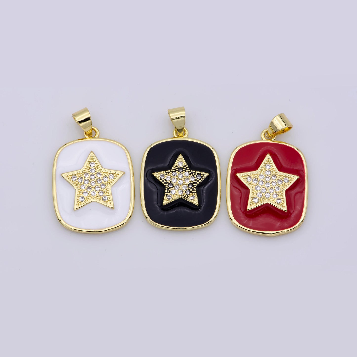 24k gold filled enamel star charm military tag pendant, red white black celestial charm, enamel jewelry micro pave pendant