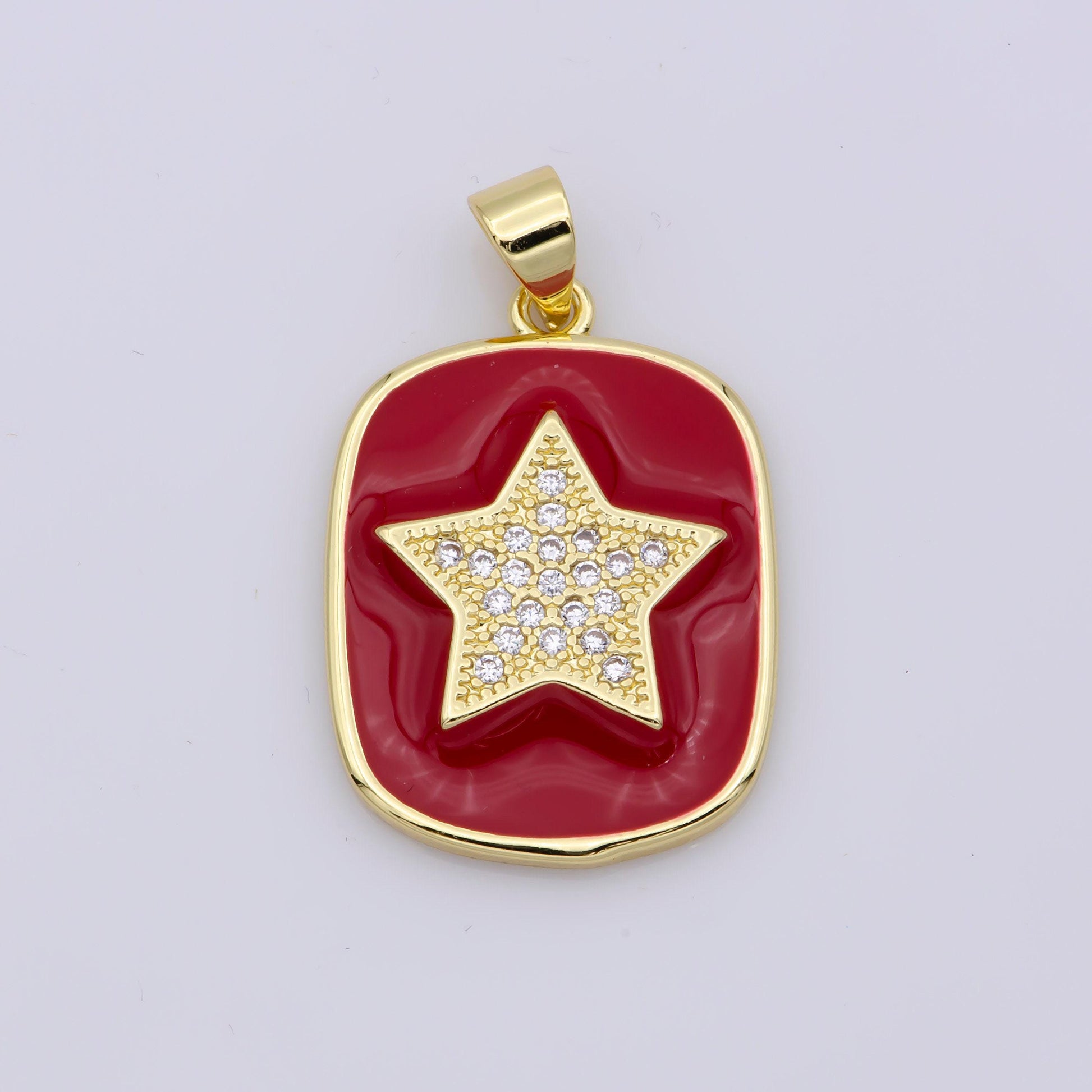 24k gold filled enamel star charm military tag pendant, red white black celestial charm, enamel jewelry micro pave pendant