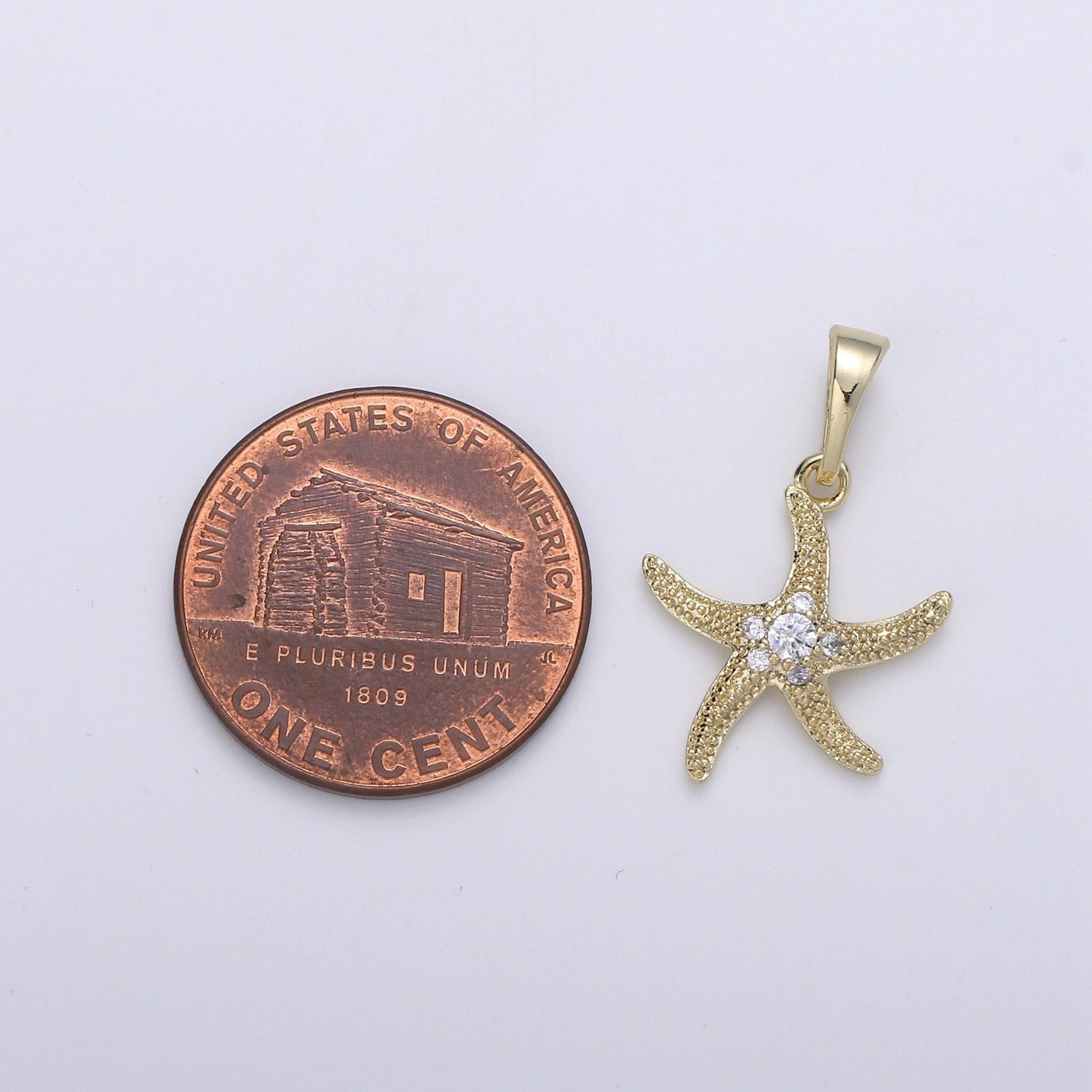 Star fish 14k gold micro pave pendant, sea star cz cluster charm, cubic zirconia animal pendant, diy jewelry, j-91