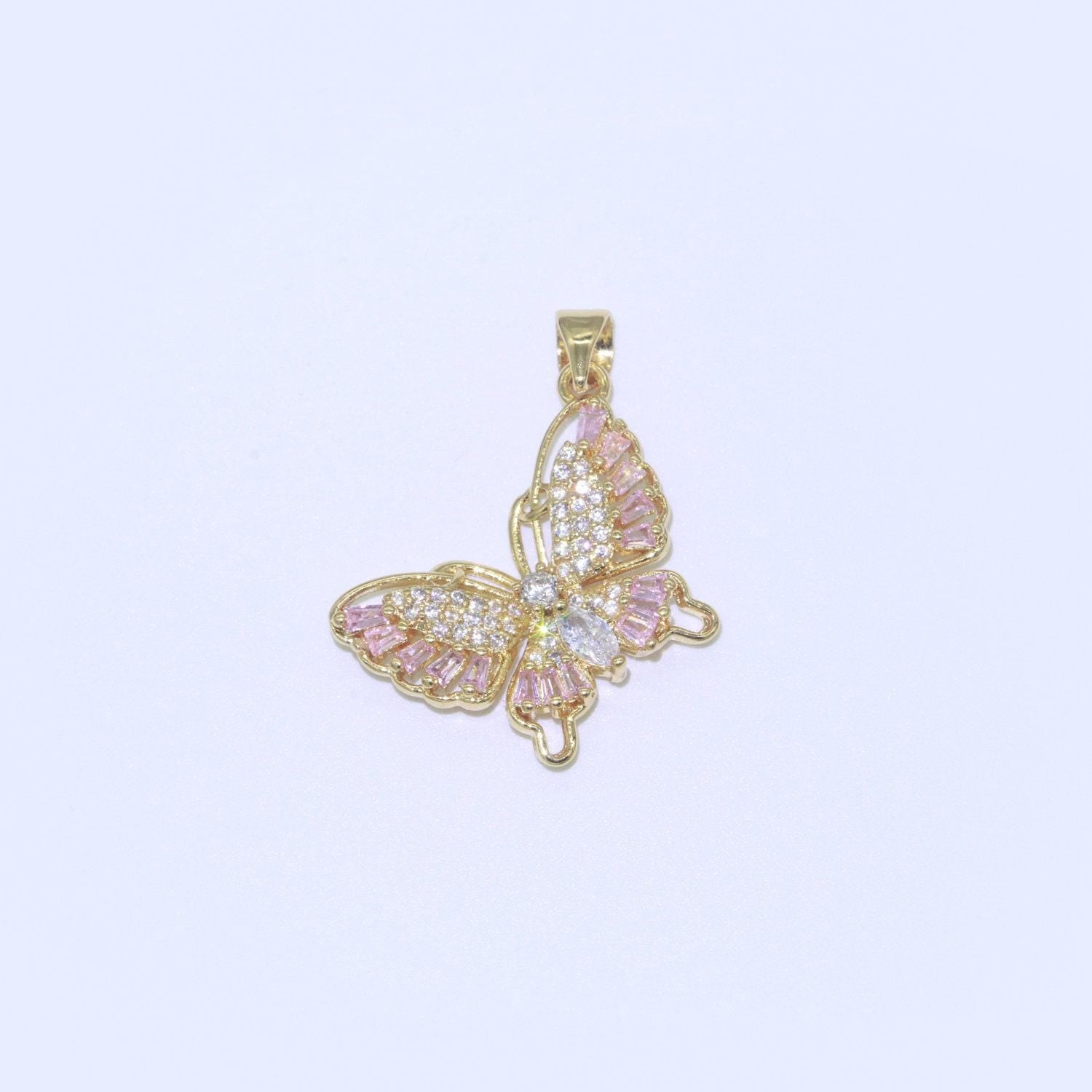 Pink 14k gold filled micro pave cz butterfly pendant charm dangle mariposa monarch animal pendant charm baguette for necklace