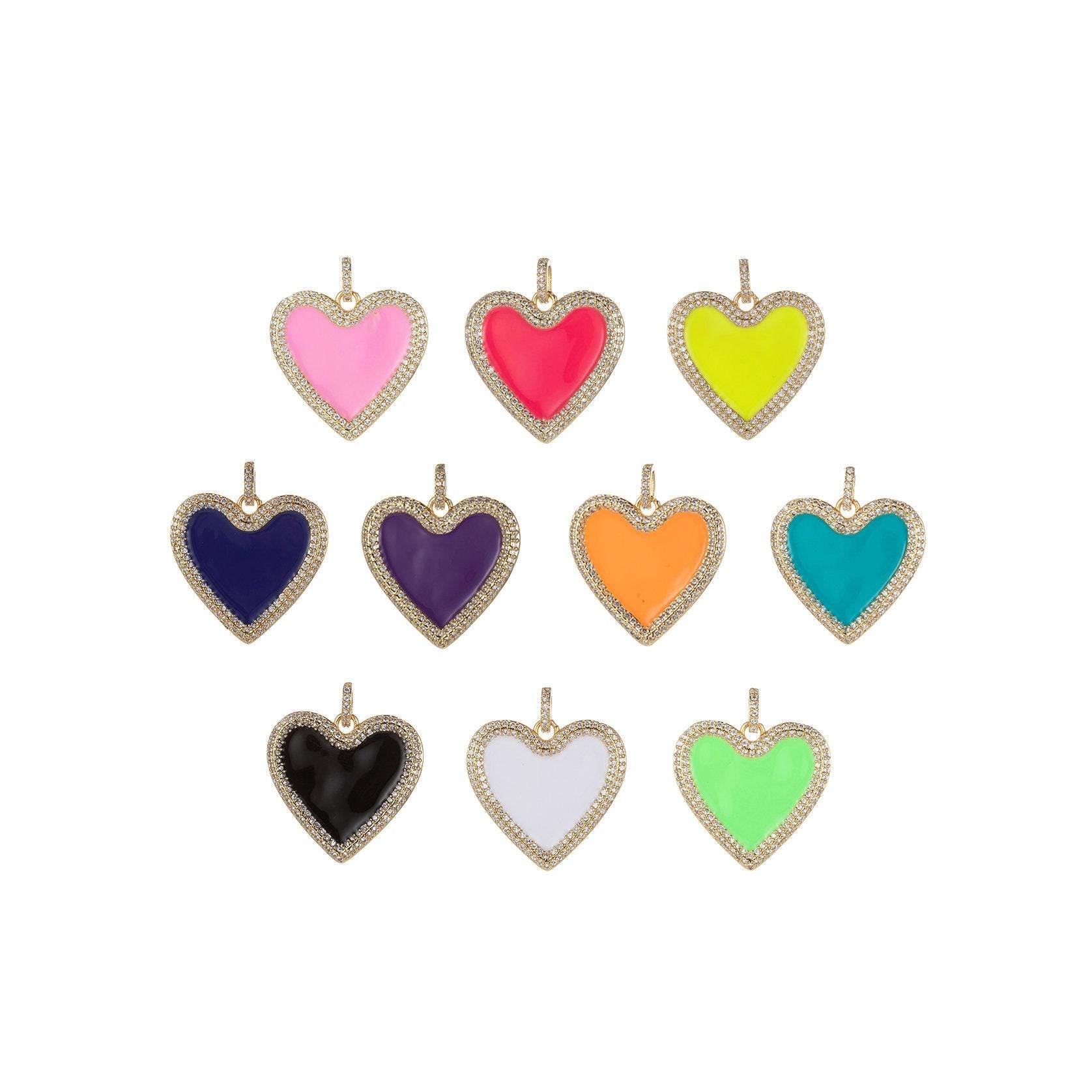 Micro pave neon heart charm enamel heart pendant for necklace earring charm component in 14k gold filled over brass red white yellow pink