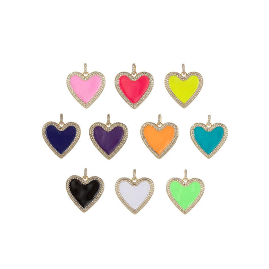Micro pave neon heart charm enamel heart pendant for necklace earring charm component in 14k gold filled over brass red white yellow pink