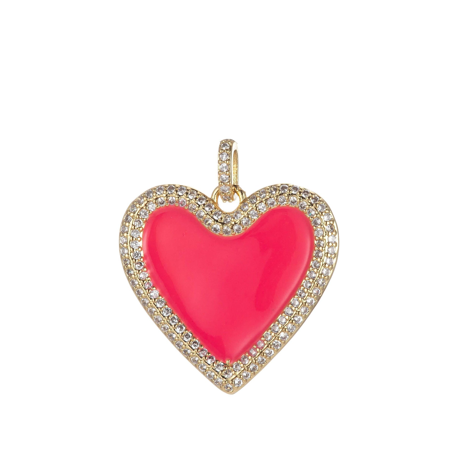 Micro pave neon heart charm enamel heart pendant for necklace earring charm component in 14k gold filled over brass red white yellow pink