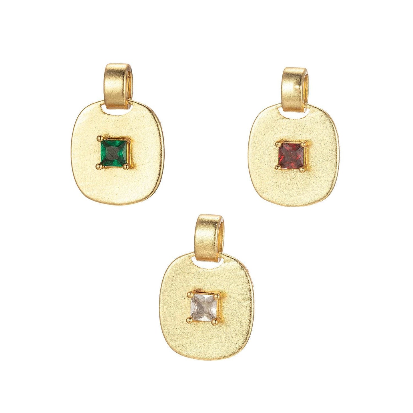 1x dainty emerald green, red, clear cz square gold medallion charm tiny small pendant tag charm, bracelet necklace earring finding, j-850