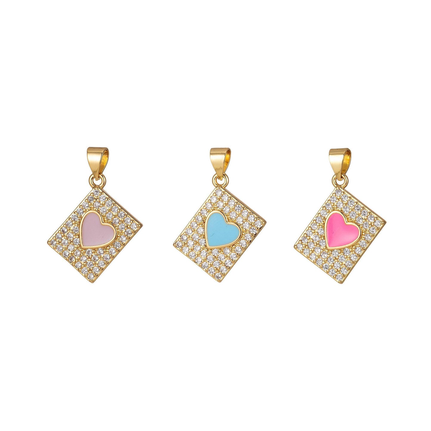 Micro pave heart pendant dainty tile charm enamel heart tag charm jewelry making supply 14k gold filled findings