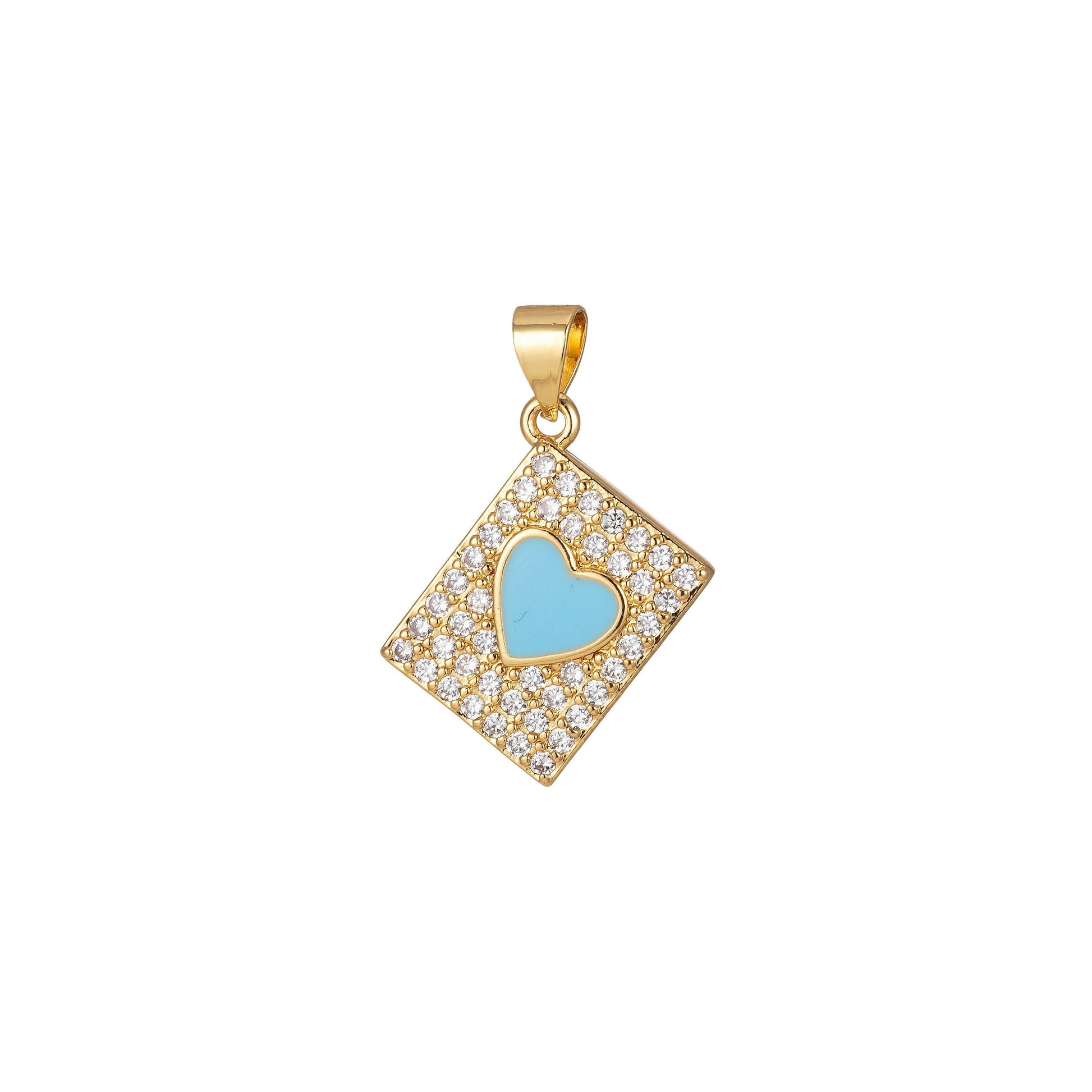 Micro pave heart pendant dainty tile charm enamel heart tag charm jewelry making supply 14k gold filled findings