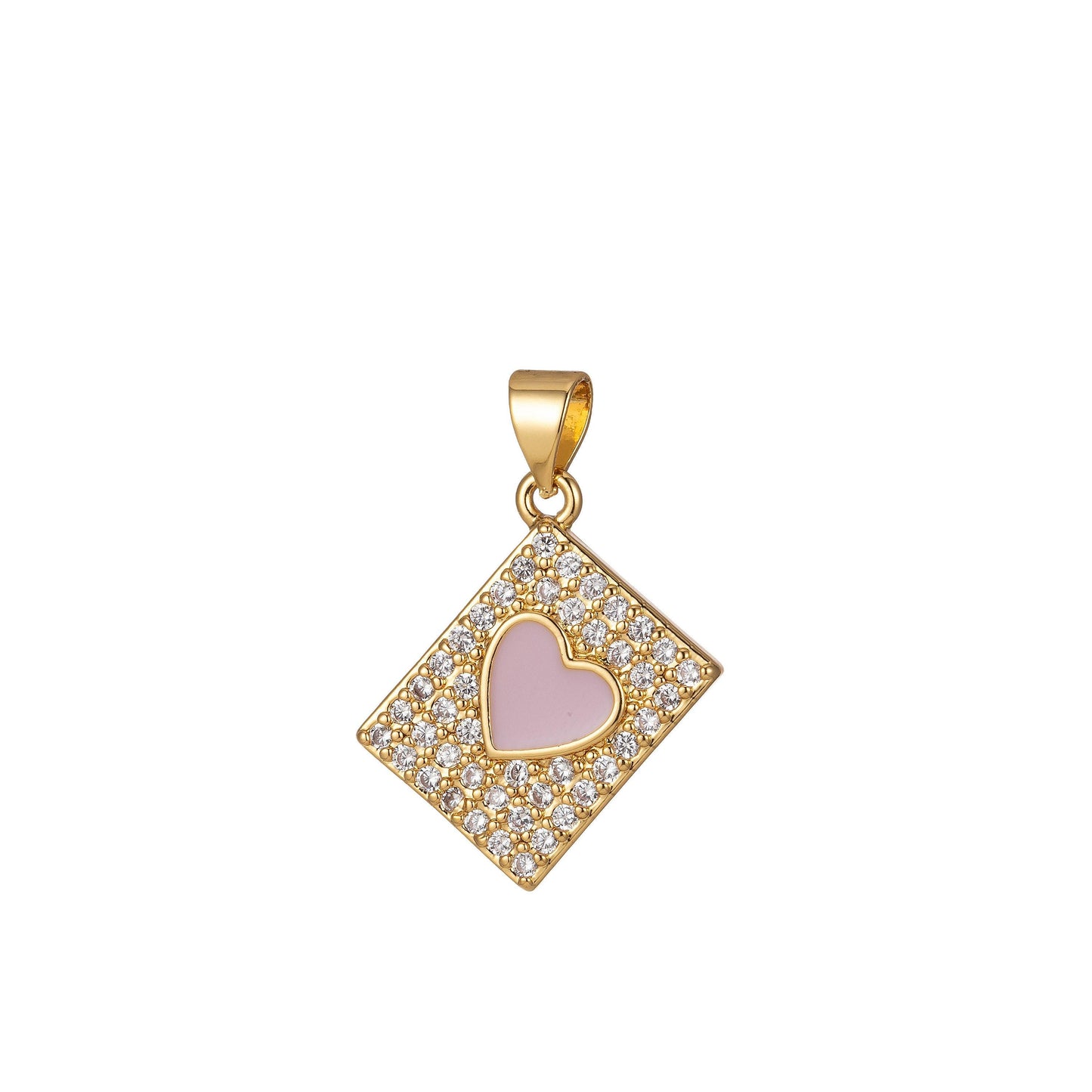 Micro pave heart pendant dainty tile charm enamel heart tag charm jewelry making supply 14k gold filled findings
