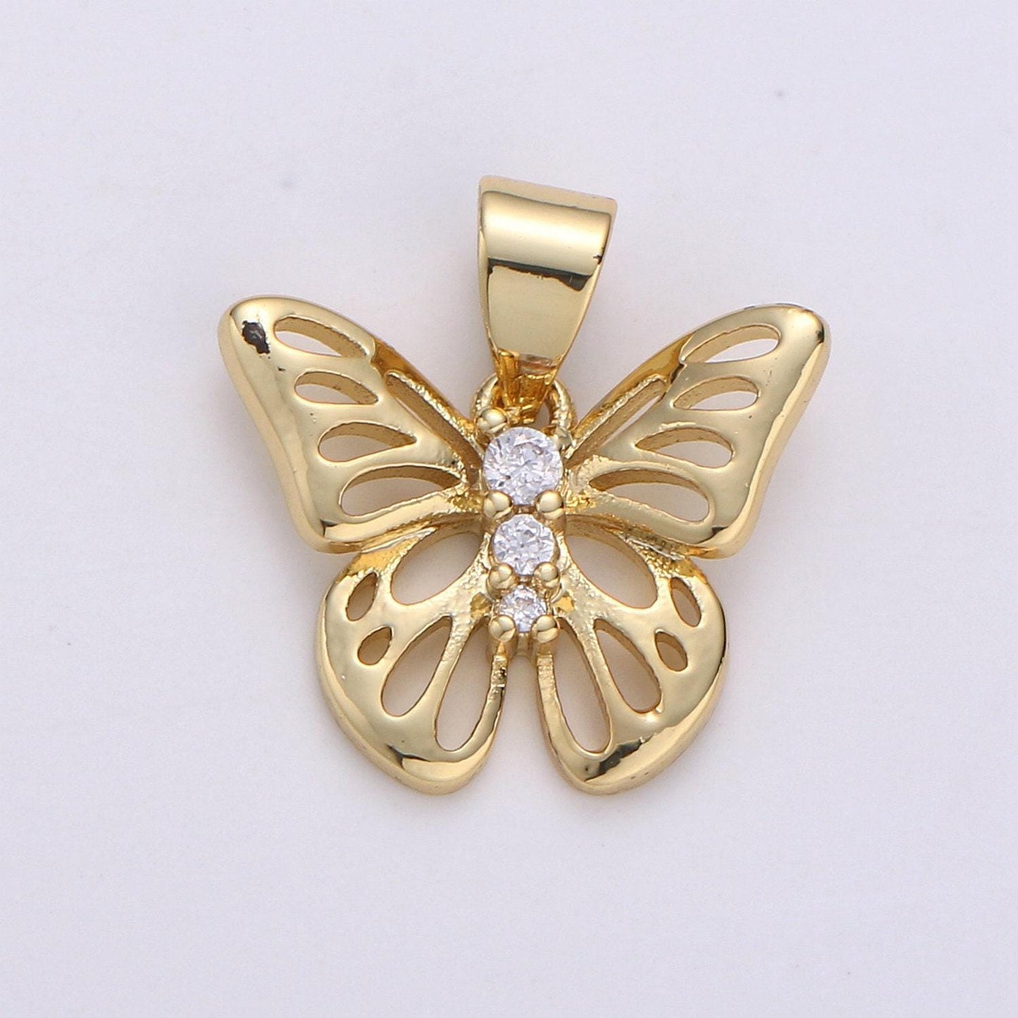 11mm butterfly charm micro pave butterfly charm, past present future cz in butterfly pendant, 14k gold charm