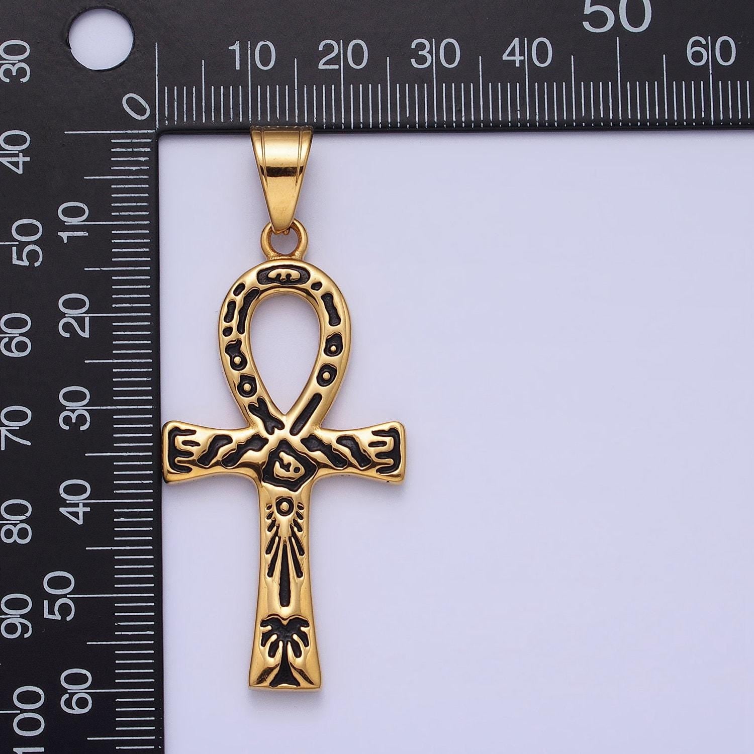 Large ankh gold cross pendant, egyptian charm statement religious tribal jewelry findings j785